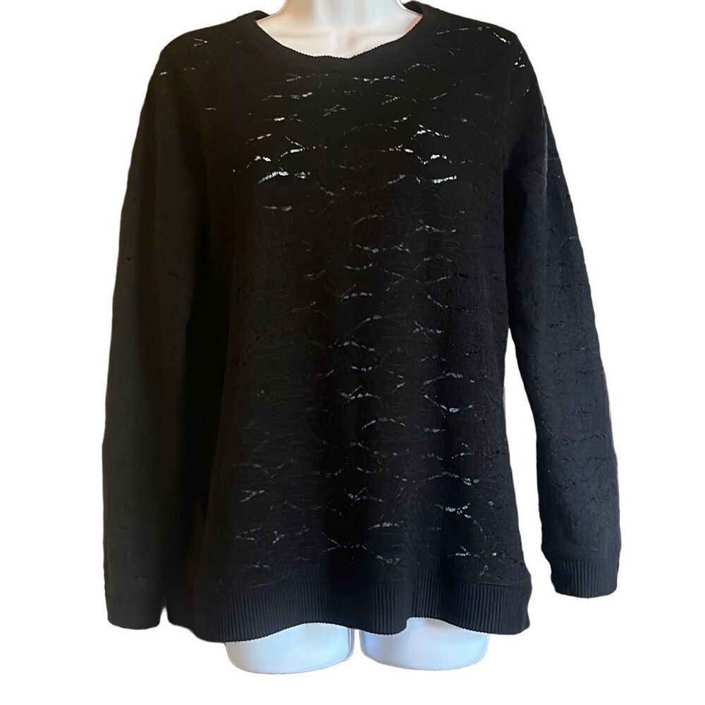 Lucky Brand Sm Black Pullover Crochet Knit Crewneck‎ Sweater Minimalist Stretch